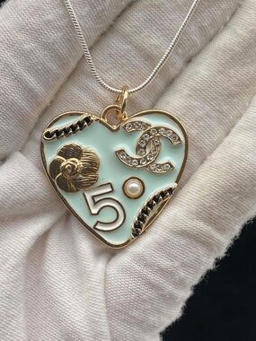 Chanel NO 5 CC Logo Camellia Flower Rhinestone Heart Pendant- Teal Gold Plated